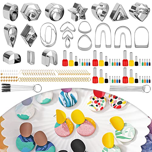 169 Pcs Polymer Clay Cutters Kit 39 Shapes Stainless Steel Clay Earring Cutters with 40 Indentation Round Circle Shape Punch Tools Mold and 90 Accessories for Jewelry Making