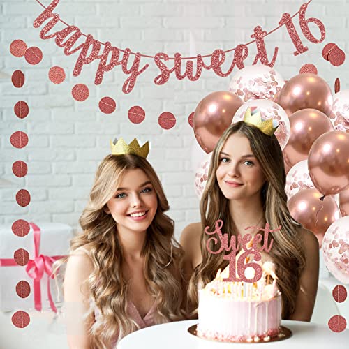Sweet 16 Decorations Rose Gold - Happy Sweet 16 Birthday Banner Pre-Strung & Sweet 16 Cake Topper & Circle Dots Garland & White Rose Gold Confetti Balloons for 16th Birthday Decorations