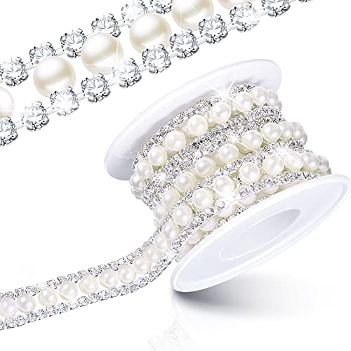 Rhinestone Trim Pearls and Diamonds Crystal Chain 1 Yard Rhinestones Pearl Chain for Craft Rhinestone and Pearl Trim Applique Pearl Beaded Rhinestone Bridal Embellishments for Wedding