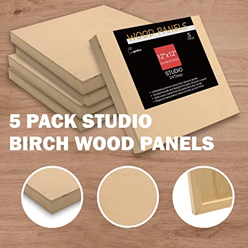 Unfinished Birch Wood Boards Canvas for Painting, 5 Packs 3/4’’ Deep Cupohus 12’’ x 12’’ Wooden Cradled Panels for Pouring Art, Crfats, Paints and More
