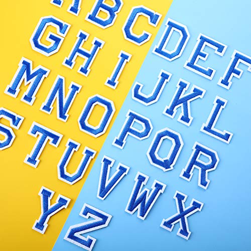 104 Pieces Iron on Letter Patches, Alphabet Applique Patches or Sew on Appliques with Embroidered Patch A-Z Letter Badge Decorate Repair Patches for Hats, Shirts, Shoes, Jeans, Bags (Blue)