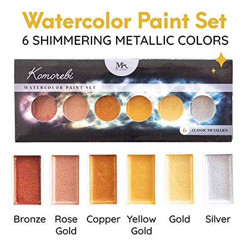 Komorebi Metallic Watercolor Paint Set – Set of 6 Shimmery Premium Colors – Portable and Lightweight – Perfect for Artists, Students, Kids & Hobbyists