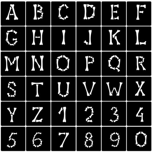 36pcs Halloween Letter Stencils Numbers Stencils Templates Bone Style Reusable Alphabet Stencil Set for Halloween Wood, Wall, Fabric,Chalkboard, Sign, DIY Art Projects Decoration (2 Inch)