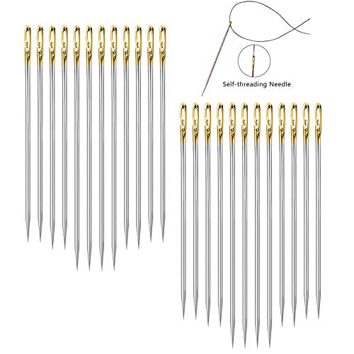 24 PCS Self Threading Needles, Big Eye Hand Sewing Needles Embroidery Needle for DIY Craft with Vintage Sewing Needles Holder Storage Case (Red Copper)