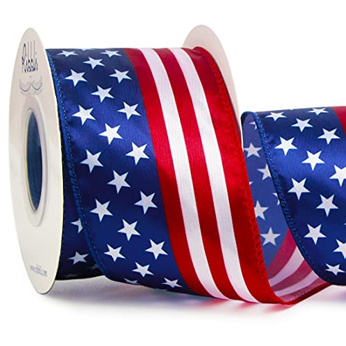 Ribbli Patriotic Stars and Stripes Wired Satin Ribbon,American Flag Ribbon 2-1/2 Inch x Continuous 10 Yard,Red/White/Blue,4th of July Ribbon for Big Bow,Wreath,Tree Decoration