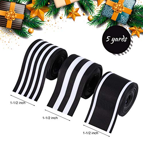 3 Rolls 1-1/2 Inch Christmas Striped Grosgrain Ribbons 5 Yards Wide Striped Grosgrain Fabric Ribbons for Xmas Graduation Home Party Wrapping Crafts Decoration, 3 Styles (Black and White)