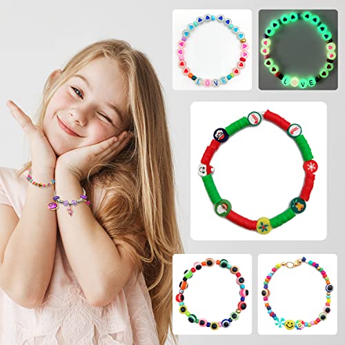 Assorted Beads for Bracelet Making Crafts,Flat Clay Beads Jewelry Making Kits,Christmas Birthday Gifts Toys for Kids Girls Age 5-12