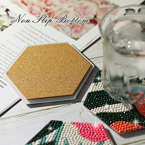 Temlum 6 Pcs Diamond Painting Coasters with Holder, Hexagon Coasters Floral Patterns Diamond Painting Kits for Beginners, Adults & Kids Art Craft Supplies