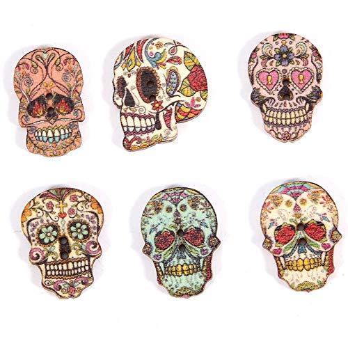 50pcs Wooden Buttons, 1 x 0.7in Skull Shaped Wood Button Handmade Colored Drawing Button with 2 Holes Clothing Decoration Accessories (Type A)