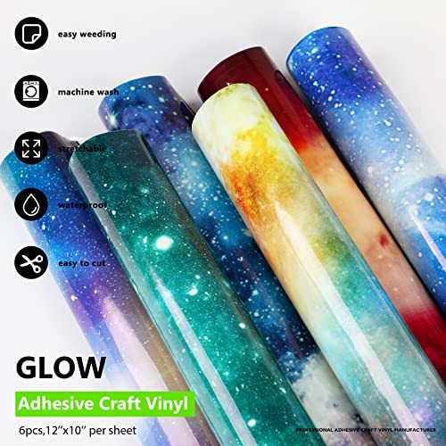 MJartoria Glow in Dark Craft Adhesive Vinyl Bundle 6 Sheets, 12'' x10'' Noctilucous Luminous Permanent Adhesive Vinyl for Craft Cutter for Scrapbook Glass Cups Decal DIY Supplies