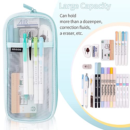 EASTHILL Grid Mesh Pen Pencil Case with Zipper Clear Makeup Color Pouch Cosmetics Bag Multi-Purpose Travel School Teen Girls Transparent Stationary Bag Office Organizer Box for Adluts(Green)