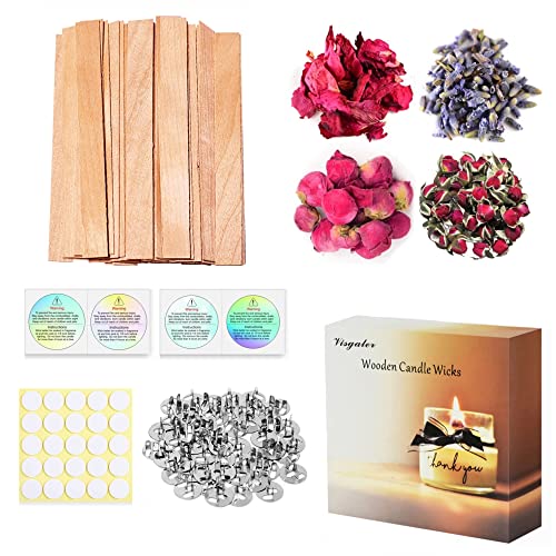 Visgaler 150 Pcs Upgrade Wood Wicks for Candle Making, Thickened Wood Wicks Made in USA, Smokeless Crackling Wooden Candle Wicks with Iron Stander, Glue Dot, Warning Labels and Gram Dry Flower(50 Set)