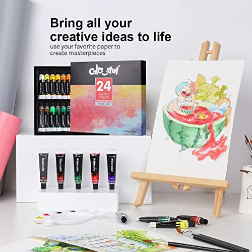 Colorful Watercolor Paint Set Kids with 6 Brushes,1 Palette,2 Canvas & 1 Set Paper Pad w/ Storage Box,24 Tubes Washable Water Color Paints Kit for Beginner,Non Toxic Professional Liquid Water Color