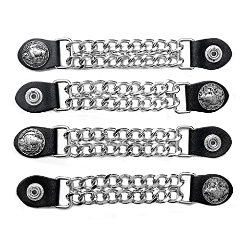 Diamond Plate 4-Piece Vest Extender Set - Chrome Finish Chains, Faux Leather Ends, Nickel Button with Buffalo Engraving - Attaches to Most Vest Sizes - 6.5 Inch Extensions