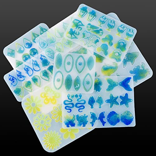 Yayatty Earring Epoxy Resin Silicone Molds, 6 PCS Resin Earring Molds Halloween Flowers Sea Animals Earring Resin Molds with Ear Hooks, Jump Rings for DIY Earrings, Resin Crafts DIY