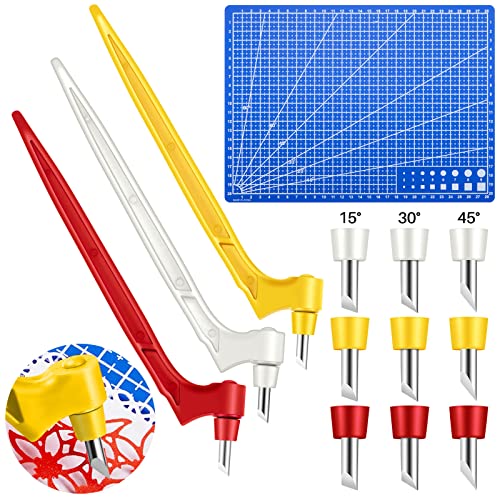 360 Rotating Craft Cutting Tools Set,3 Pieces Specialty Cutting Tools with 9 Pieces 360-Degree Rotating Carbon Steel Replacement Blade and Cutting Mat for DIY Craft (Red, Yellow, White)