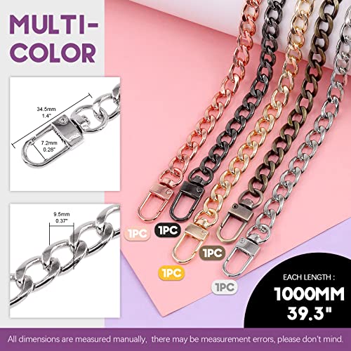 Swpeet 5Pcs Mixed Colors Luxury Fashion 39.4 Inch Replacement Flat Chain Strap with Buckles Set, 0.4” Wide Enough 2.4mm Extra for Metal Shoulder Cross Bag Purse Replacement (Mixed Colors, 39.4 Inch)