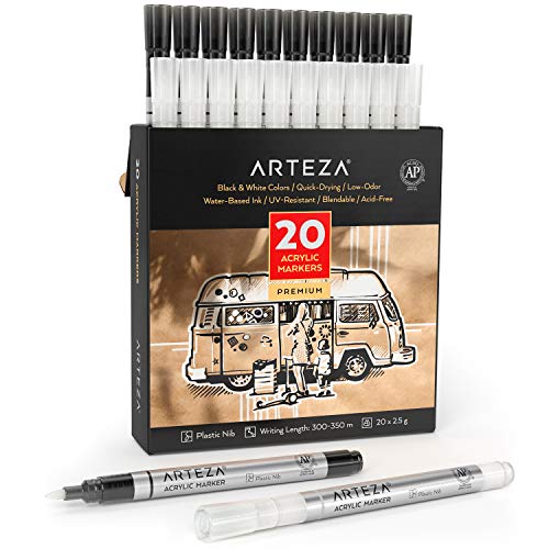 ARTEZA Acrylic Paint Markers, Set of 20 (10 White, 10 Black), Acrylic Paint Pens, Plastic Nib, Art Supplies for Metal, Canvas, Rock, Ceramic, Glass, Wood, and Fabric