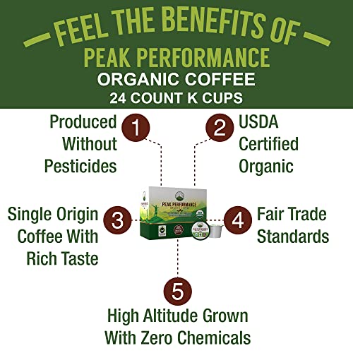 Organic Coffee Pods - Peak Performance High Altitude Organic Coffee. Coffee for High Performance Individuals. Fair Trade, Low Acid, Organic Beans Medium Roast. Single Serve 24 Coffee Pods, Cups