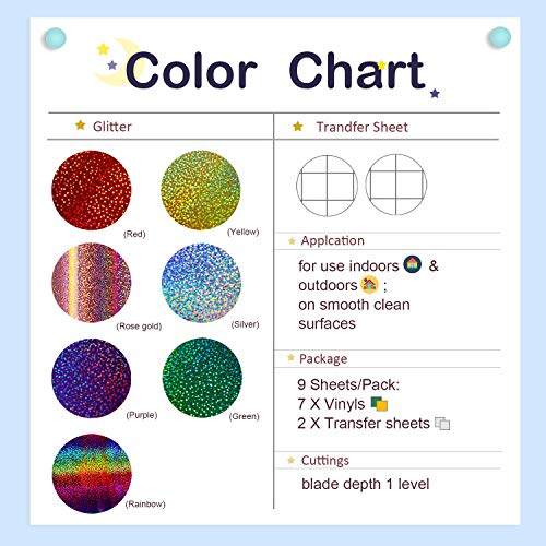 Holographic Adhesive Vinyl Pack 12"x12" Glitter Craft Vinyl Sheet Assorted 7 Colors with 2 Transfer Paper