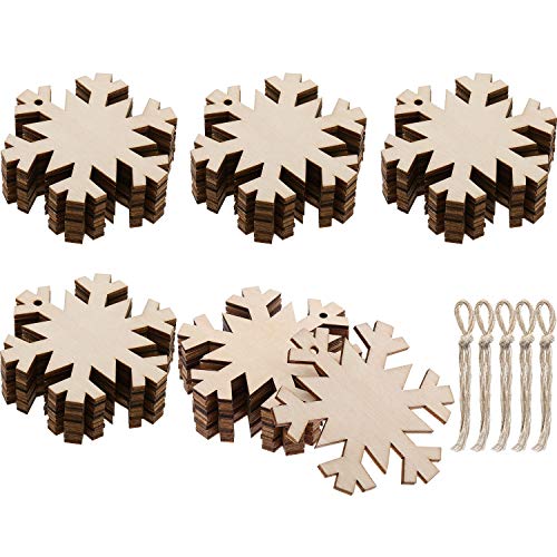 Jetec 50 Pieces Wooden Snowflakes Unfinished Wood Ornaments Cutouts Christmas Wood Snowflake with 50 Pieces Ropes for Christmas Decoration Christmas Tree Hanging Embellishments and Craft DIY