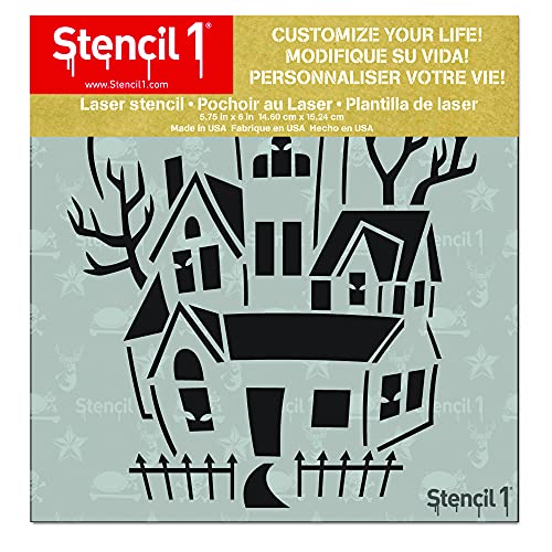 Stencil1 Haunted House Stencil - Premium Quality Reusable Mylar Stencils for Painting - Haunted House Halloween & Pumpkin Decorating Items Walls Fabric & Furniture Art Craft - 5.75" x 6"