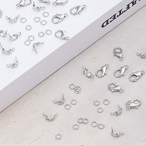 450 Pieces Jewelry Making Accessories Set Includes 200 Pieces Bead Tips Knot Covers 200 Pieces Open Jump Ring Connectors and 50 Pieces Lobster Claw Clasps for DIY Jewelry Crafts Making (Silver)