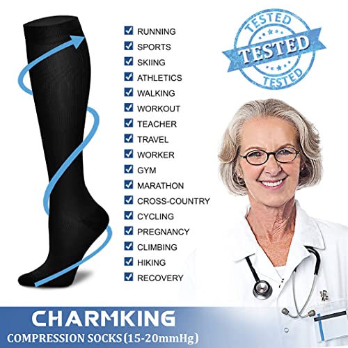CHARMKING Compression Socks for Women & Men Circulation (3 Pairs) 15-20 mmHg is Best Athletic for Running, Flight Travel, Support, Cycling, Pregnant - Boost Performance, Durability (L/XL,Multi 52)