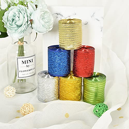 TONIFUL Christmas Ribbon Blue Wired Edged Ribbons Roll Sparking Metallic Glitter Ribbon 2-1/2 Inch Wide for Xmas Decorations Wreaths DIY Crafts Bows Making Tree Decoration Gifts Wrapping（6.5 Yards）