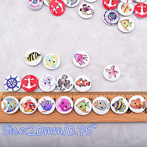 MSCFTFB 100 Pieces 3/4inch Ocean Painting Round Wood Buttons Sea Animals Starfish Steering Wheel 2 Holes Sewing Wooden Flatback Buttons for Knitting Scrapbooking DIY Embellishment Nautical Party Decor