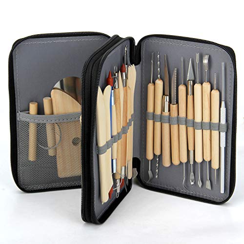 Blisstime Set of 30 Clay Sculpting Tool Wooden Handle Pottery Carving Tool Kit Carrying Case Apron