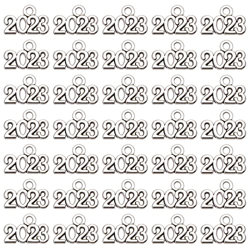 Tupalizy 100pcs Mini Alloy Year 2023 Charm Beads for Graduation Tassel Necklace Pendant Bracelet Earrings Keychain Jewelry Findings Making Accessory DIY Crafting Wedding Decor, 9x13mm (Silver)