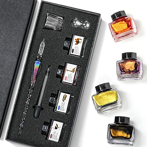 ESSSHOP Handmade Glass Dipped Pen and Ink Set - 15ml Color Inks, Pen Holder, Cleaning Cup, Ink Drip Tool, Crystal Signature Dip Pen for Art, Writing, Signatures, Calligraphy - Valentines Day Gifts Set