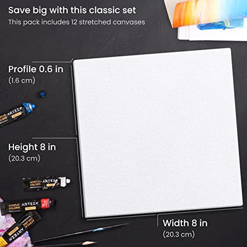 Arteza Paint Canvases for Painting, Pack of 12, 8 x 8 Inches, Square White Stretched Canvas Bulk, 100% Cotton, 8 oz Gesso-Primed, Art Supplies for Adults and Teens, Acrylic Pouring and Oil Painting