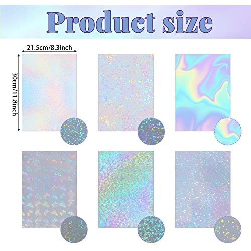 30 Sheets 6 Styles Transparent Holographic Overlay Holographic Vinyl Overlay Clear Holographic Laminate Sheets Adhesive Laminated Film Glossy Craft Sheet for Stickers, A4 Size, 8.3 x 11.7 Inches