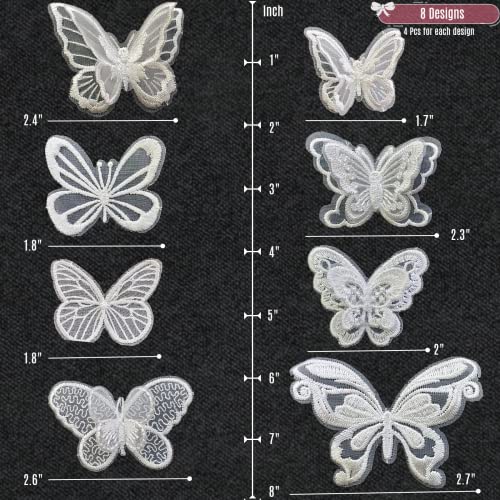 32 Pcs White Lace Butterfly Applique Embroidery,Organza Butterfly Patches Appliques for Clothes,for Wedding Bridal Dress Craft DIY Clothes Hair Ornaments Dress/Hat/Bag Decoration
