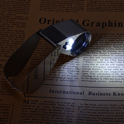 40X Full Metal Illuminated Jewelry Loop Magnifier, XYK Pocket Folding Magnifying Glass Jewelers Eye Loupe with LED(LED Currency Detecting/Jewelry Identifying)