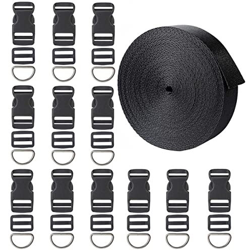 12 Yards Black Nylon Heavy Webbing Straps with 12 Set Plastic 1 Inch Flat Side Release Buckles, Tri-Glide Slides and D Rings for DIY Making Luggage Strap, Pet Collar, Backpack Repairing