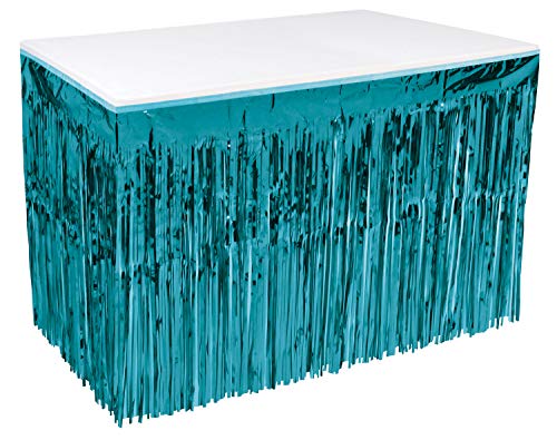 Beistle 1-Ply Metallic Plastic Fringe Skirt for Rectangle Tables Banquets and Mardi Gras Parade Float Supplies-Birthday Party Baby Shower Decorations Easter Holiday Theme, 30" x 14', Turquoise