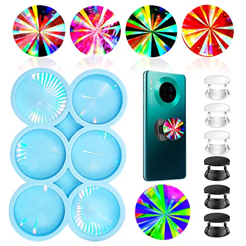 DoreenBow Phone Grip Resin Molds Holographic Silicone On Top Phone Socket Molds 6 Cavity Round Phone Grip Molds for Epoxy Resin with 6Pcs Phone Sockets