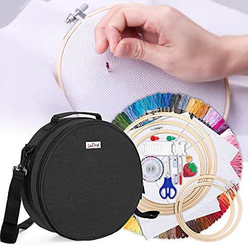 LoDrid Embroidery Kit, Double-Layer Round Storage Bag with Complete Cross Stitch Tools Kit, Embroidery Starter Kits for Beginners, Adults and Kids, with Handles and Shoulder Strap, Black