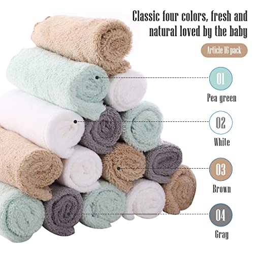 Cute Castle Ultra-Soft Baby Washcloths, 16 Pack - 9" by 9", Gentle on Sensitive Skin for Face and Body, Plush, Super Absorbent Wash Clothes for Girls and Boys,White+Brown+Grey+Sage Green
