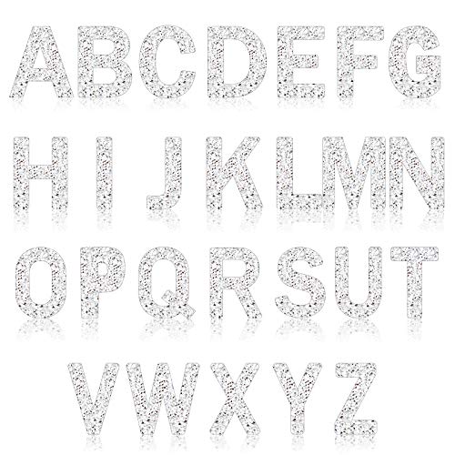 26 Pieces Large Glitter Rhinestone Alphabet Stickers Silver Crystal Letter Stickers Iron-on Rhinestone Letter Stickers for Clothing Jeans Caps Shoes Bags DIY Decorations (2.8 Inch)