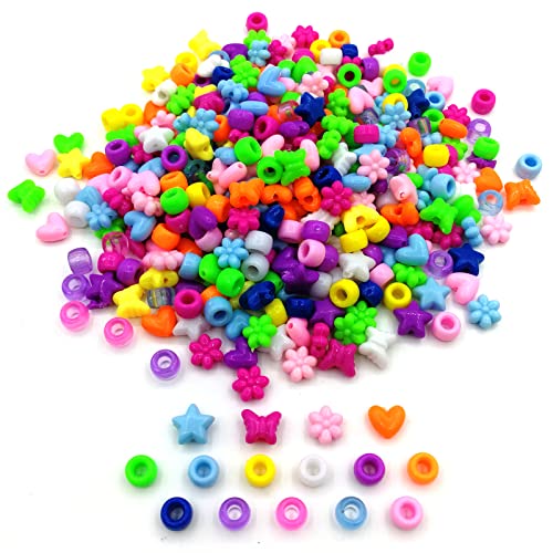 Amaney 500pcs Heart Flower Butterfly Star and Pony Beads Multi Color Acrylic Big Hole Beads for Bracelet Necklace Craft Jewelry Making