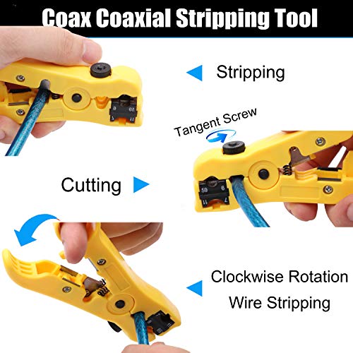 Coax Cable Crimper Kit, Yangoutool Coaxial Compression Tool, Adjustable RG6 RG11 RG59 75-5 75-7 Coaxial Cable Stripper