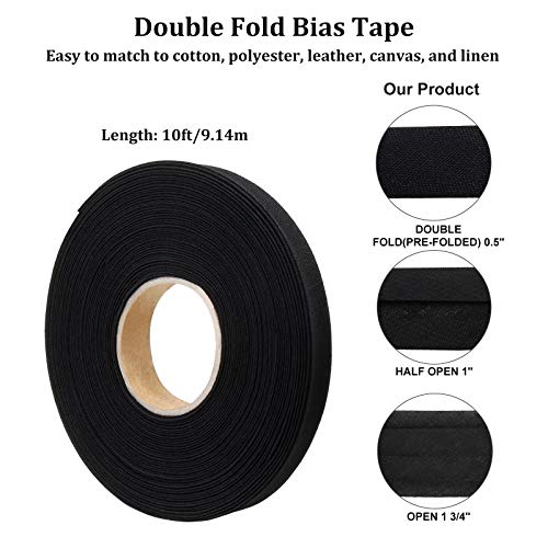 Jetec 1/2 Inch Double Fold Bias Tape Bias Binding Tape Wide Fold Cotton Tape for Sewing Seaming Hemming Piping Quilting Projects (Black,10 Yards)