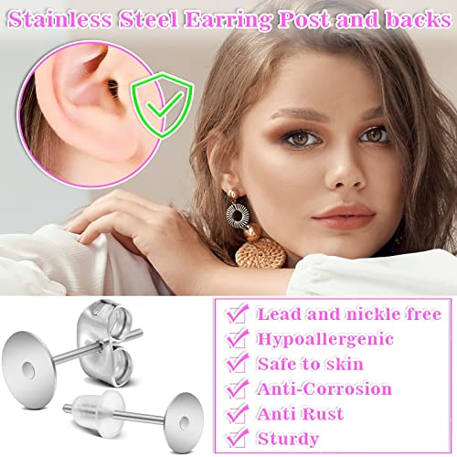 Jewelry Glue with Earring Posts, Anezus 600pcs Stainless Steel Earring Posts Blanks Hypoallergenic Earring Posts and Back with Rubber Earring Backs for Jewelry Making Supplies Earring Findings