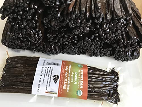 4oz Madagascar Vanilla Beans Grade A. Certified USDA Organic. 6"-8" by FITNCLEAN VANILLA. Bulk for Extract, Cooking and Baking by the Weight 0.25 Pound (1/4Lb) Bourbon Fresh NON-GMO Pods.