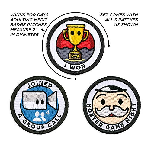 Winks For Days Adult Merit Badge Embroidered Iron-On Patches (Achievements - Set 3) - Includes Three (3) 2" Patches: Joined a Group Call, I Won, and Hosted Game Night