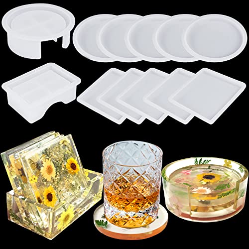 Upgraded 12 Pieces Coaster Resin Molds Set, Funstorm Epoxy Molds Holder Kit with Rectangle Round Coaster molds, Thickened Non-Deformable Material, Silicone Molds for DIY Resin， Home Decoration